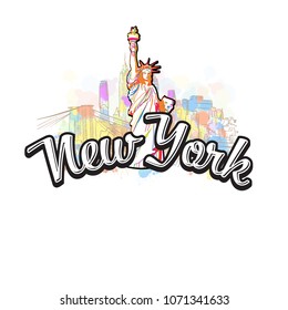 New York Liberty Statue Drawing with Headline. Hand drawn skyline illustration. Travel the world concept vector image for digital marketing and poster prints.