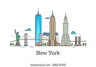 New york line vector symbol, nyc silhouette outline panorama, america skyline vector illustration