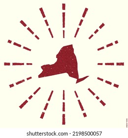 New York Logo. Grunge sunburst poster with map of the US state. Shape of New York filled with hex digits with sunburst rays around. Elegant vector illustration.