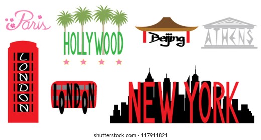 New York, London, Paris, Beijing, Hollywood, Athens sign collection