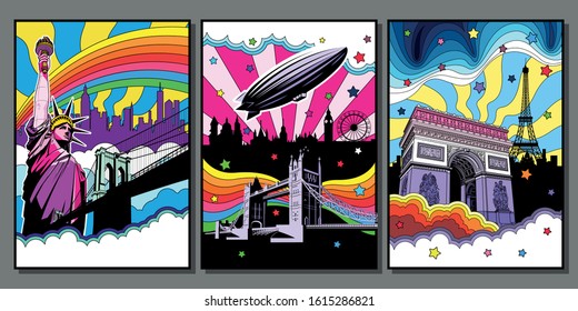 New York, London, Paris Showplace Psychedelic Art Style Posters, Vintatge Colorful Palette from the 1960s, 1970s