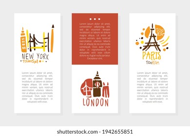 New York, London, Paris Tourist Brochure Template, Promo Flyer, Booklet, Leaflet Layout Vector Illustration