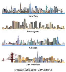 New York, Los ANgeles, Chicago, San Francisco cities skylines. Collection of United States cityscapes vector illustrations