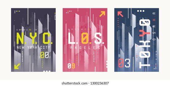 New York, Los Angeles, Tolyo t-shirt abstract geometric futuristic designs, prints, posters. Vector illustration.