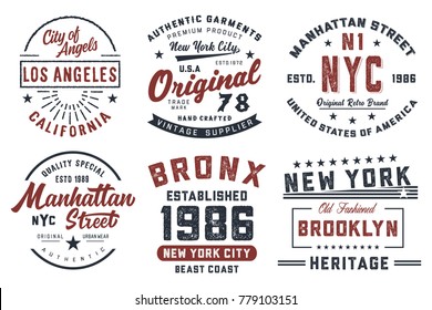 New York, Los Angeles  typography, badges set for t-shirt print. Vector