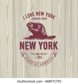 New York, I Love New York , stylized emblem of the state of America, beaver, on wooden background