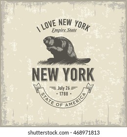 New York, I Love New York , stylized emblem of the state of America, beaver, vintage