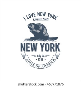 New York, I Love New York , stylized emblem of the state of America, beaver, blue color