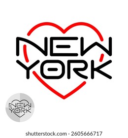 New York love symbol with text and heart shape in a thin line style logo. American city travel and tourist theme sign. Editable stroke.