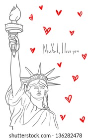 New York, I love you. Hand drawn Statue of Liberty among hearts.