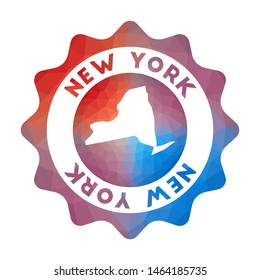 New York low poly logo. Colorful gradient travel logo of the US state in geometric style. Multicolored polygonal New York rounded sign with map for your infographics.