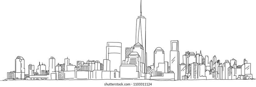 New York Manhattan Cityscape Free Hand Sketch Drawing, Modern Buildings And Skyline Illustration