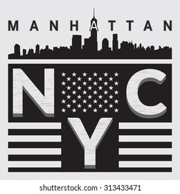 New York Manhattan Typography on gray background with american flag and skyline of Manhattan. Sport T-shirt fashion graphics. Design print for sportswear apparel. NYC original wear. Vector