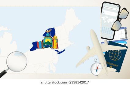 New York map and flag, cargo plane on the detailed map of New York with flag, passport, magnifying glass and airplane. Vector template.