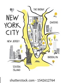 New York map flat cartoon hand drawn vector illustration. Areas of New York on a decorative map for tourist guide and promo gift . NY travel, trip comic infographic poster, banner concept design