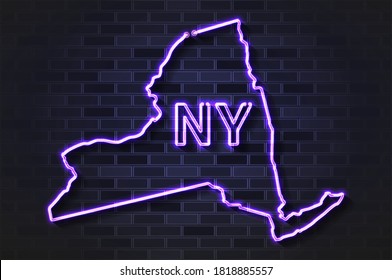 Mapa de Nueva York de luz de neón brillante o tubo de vidrio. Ilustración vectorial realista. Muro de ladrillo negro, sombra suave.