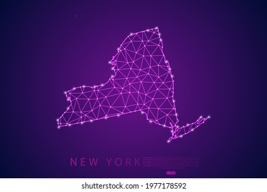 New York Map mash line and point scales on purple technology background. Wire Frame 3D mesh polygonal network line, design sphere, dot and structure -  Vector illustration eps 10