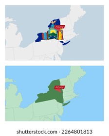 New York map with pin of country capital. Two types of New York map with neighboring countries. Vector template.