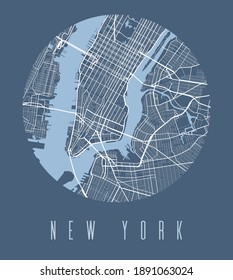 New York map poster. Decorative design street map of New York city. Cityscape aria panorama silhouette aerial view, typography style. Land, river, highways, avenue. Round circular vector illustration.