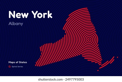 New York Map in Spiral Formation: Albany Takes Center Stage. Fingerprint and stripes pattern. American states maps.