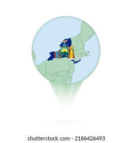 Mapa de Nueva York, elegante icono de ubicación con mapa y bandera de Nueva York. Icono de pin verde.