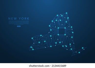 New York Map - United States of America Map vector with Abstract futuristic circuit board. High-tech technology mash line and point scales on dark background - Vector illustration ep 10 