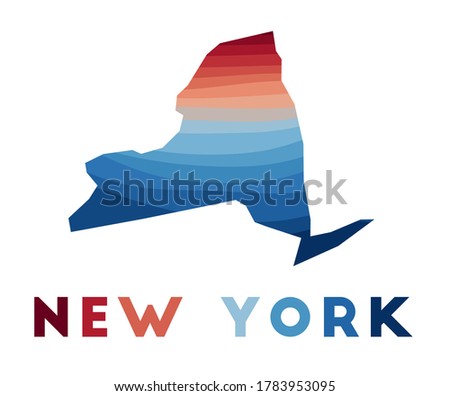 New York map. Map of the US state with beautiful geometric waves in red and blue colors. Vivid New York shape. Vector illustration.