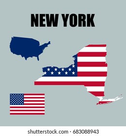 New York map with USA flag