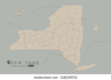 New York Map - USA, United States Map vector template High detailed with brown color isolated on grey background including simple point of location, wind, boat icon - Vector illustration eps 10