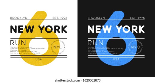 New York marathon print for t-shirt design. Athletic typography graphics for running theme. Brooklyn run apparel print with number. Vector illustration.