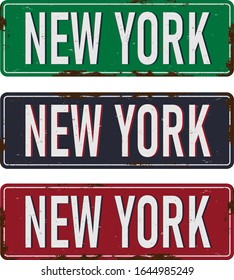 New York, New York, metal rusty road sign set green, blue, red