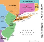 New York metropolitan area, colored political map. Greater New York or also Tri-State area, comprising New York City, North and Central New Jersey, Hudson Valley, and Southwestern Connecticut. Vector