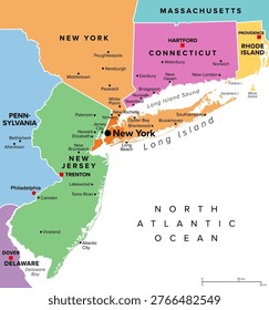 New York metropolitan area, colored political map. Greater New York or also Tri-State area, comprising New York City, North and Central New Jersey, Hudson Valley, and Southwestern Connecticut. Vector