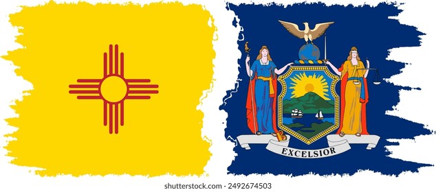 New York and New Mexico states grunge brush flags connection, vector