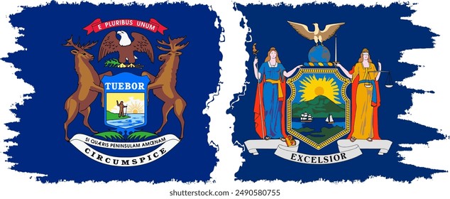 New York and Michigan states grunge brush flags connection, vector