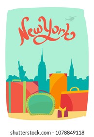 New york minimalistic travel poster in retro style. Suitcases and handbags on the skyline background.