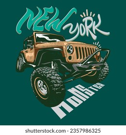 Inspiración en el diseño del logotipo del vector del camión Monster de Nueva York, elemento de diseño para el logotipo, cartel, tarjeta, pancarta, emblema, camiseta. Ilustración del vector