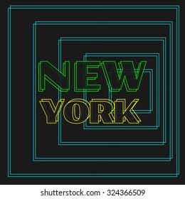 New York, neon background, typography, t-shirt graphics, poster, banner, flyer, postcard, vector