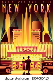 New York Night Broadway in the style of the 30s of the 20th century. Handmade drawing vector illustration. Art deco retro poster style.