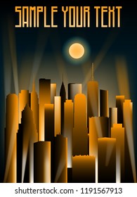 New York at night. Handmade drawing vector illustration. Art Deco Style.