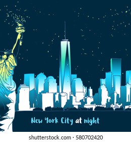 New York at Night with lady liberty, hand-drawn Panorama Vector Outline Sketch