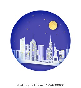 New York night landscape in round frame in paper cut style. Cut out skyscraper, bridge, Statue of Liberty, business center, residential areas from cardboard. Vector 3D illustration of NYC panorama