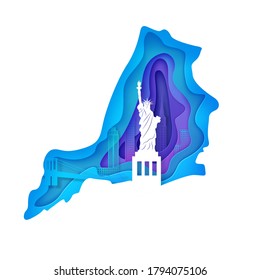 New York night landscape in wavy frame in paper cut style. Cut out map silhouette skyscraper, Statue of Liberty, business center from cardboard. Vector 3D illustration of NYC papercut panorama