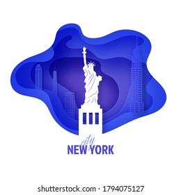 New York night landscape in wavy frame in paper cut style. Cut out skyscraper, Statue of Liberty, business center, residential areas from cardboard. Vector 3D illustration of NYC papercut panorama