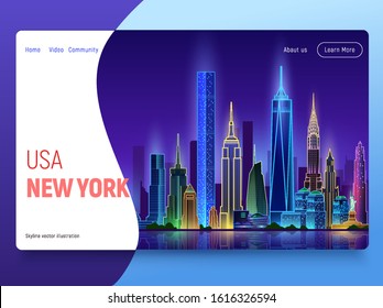 New York night skyline banner, flat vector illustration. Perfect for web design, banner, mobile app, landing page, vector flat design.