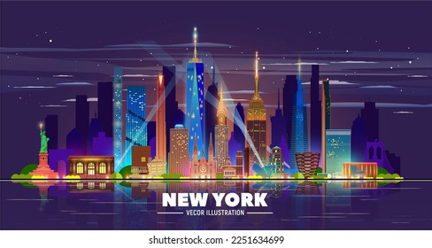  New York night skyline in the dark background. Flat vector illustration. Business travel and tourism concept with modern buildings. Image for banner or website.