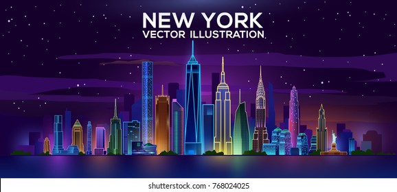 New York night skyline. Vector illustration. Business travel and tourism concept with modern buildings. Image for banner or web site.