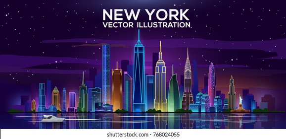 New York night skyline. Vector illustration. Business travel and tourism concept with modern buildings. Image for banner or web site.