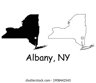 New York NY State Map USA With Capital City Star At Albany. Black Silhouette And Outline Isolated On A White Background. EPS Vector