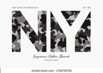 New York, NY t-shirt design with camouflage texture. Brooklyn typography graphics for tee shirt, superior urban brand apparel print in military and army style. Vector illustration.